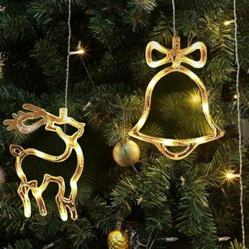 Christmas Curtain String Lights, 8.3 FT Linkable Warm White Window Fairy Lights With 12 Reindeer & Bell Pendants, 8 Modes Waterproof For Xmas Tree Holiday Party Decorations