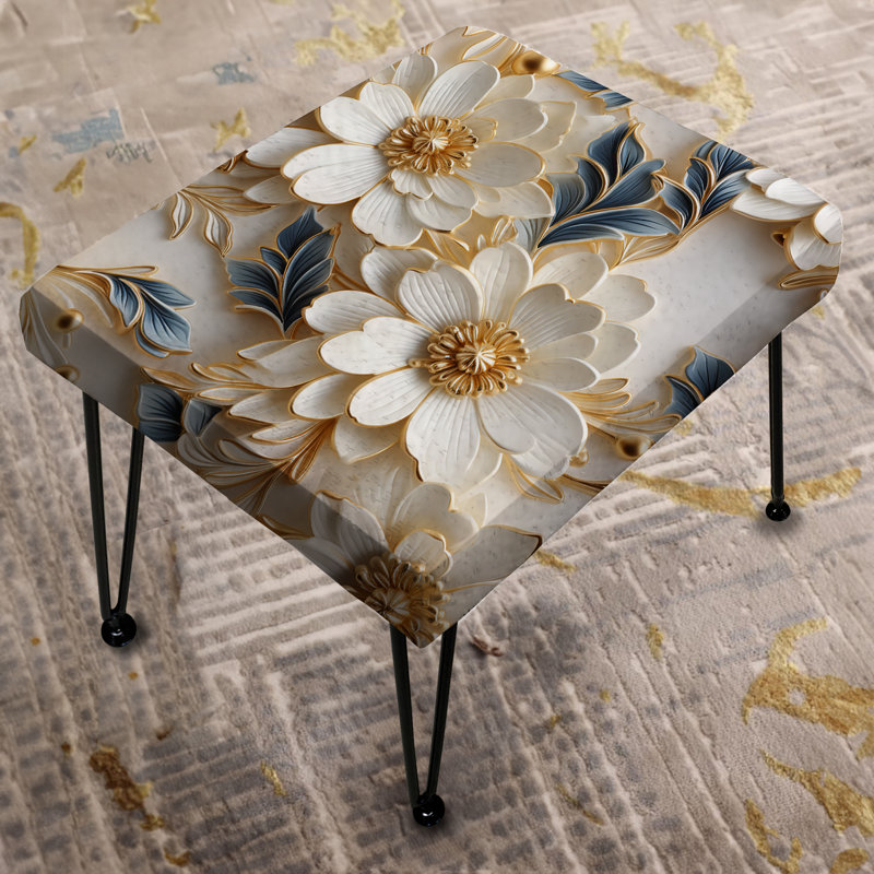Golden White And Blue Flowers Elegance - Marble Rectangle Ottoman