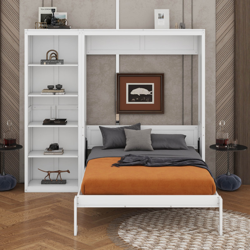 Grand lit escamotable avec tablettes, Blanc