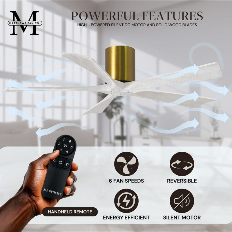 60" Irene 5-Blade Hugger Ceiling Fan with Wall Remote, Brushed Brass, Matte White, 52"