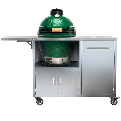 Outdoor Kitchen Island Cart for Large Big Green Egg, Full Stainless Steel Rolling BBQ Prep Table With Storage Cabinet, Foldable Side Table, Lockable Casters Weatherproof For Patio Backyard