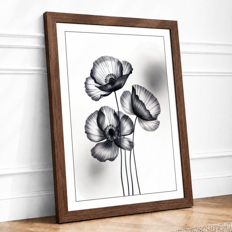 Poppies in Ink Botanical - Framed Print, Walnut, A1 - 84.1 x 59.4 cm