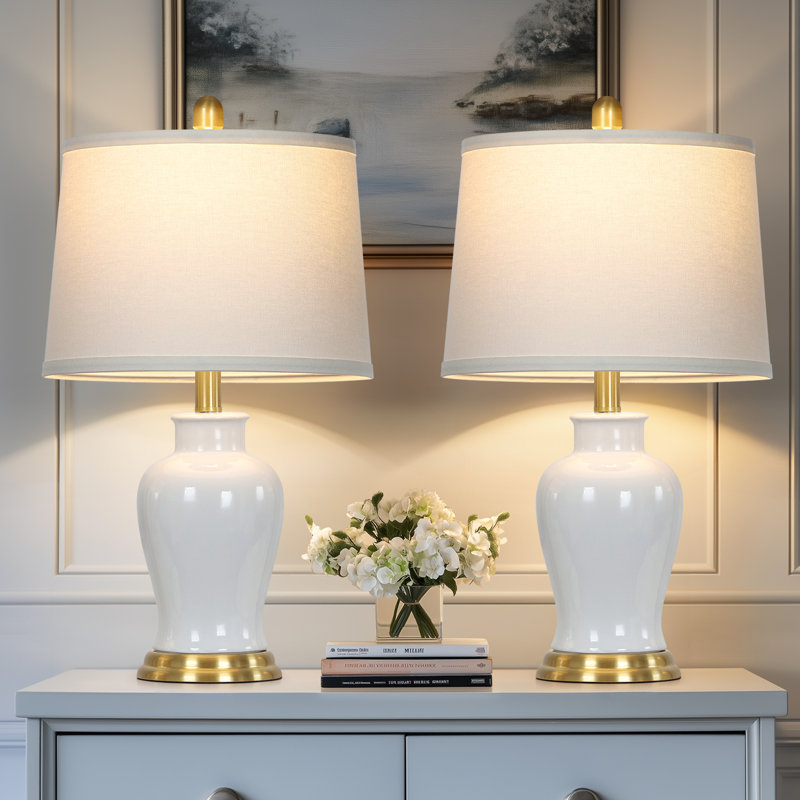 23" Ceramic Ginger Jar Table Lamp With White Fabric Shade And Led Bulb, White/Gold