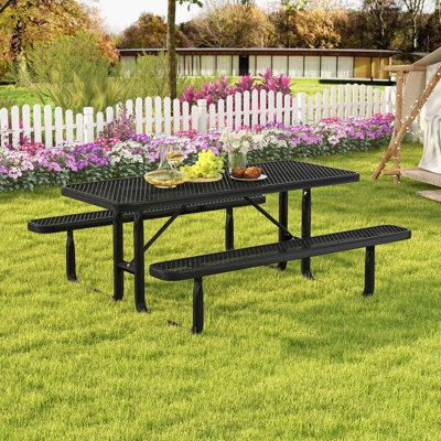Arlmont & Co. 72" Coated Steel Camping Table With Seats Outdoor Picnic Table & Bench Set For 8 Black