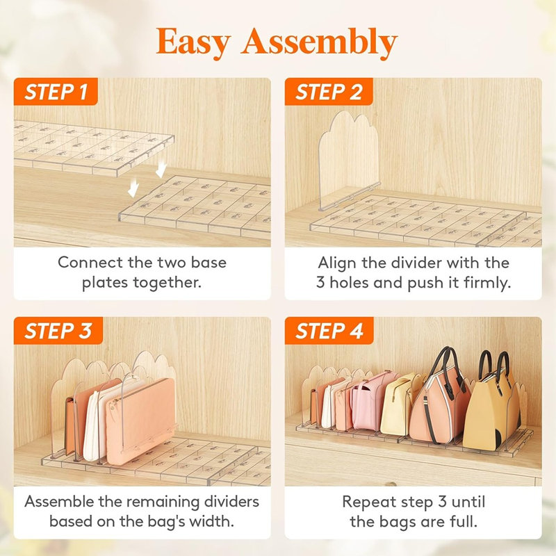 Paquet de 2 - Organisateur de sac à main transparent pour garde-robe - Support de rangement pour sac à main réglable pour pochettes, chemises et chandails