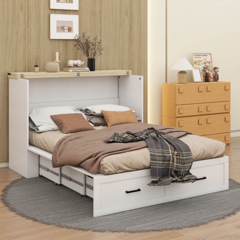 Murphy Bed, Cabinet Bed With Charging Station Large Storage Drawer For Home Office Or Small Room, Hideaway Bed, Queen, White