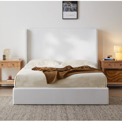 Très grand lit tapissier en micro suède de style noix de coco très grand - conception à oreilles / plateforme 2 en 1, tête de lit haute de 52,3 po, aucun sommier tapissier requis.