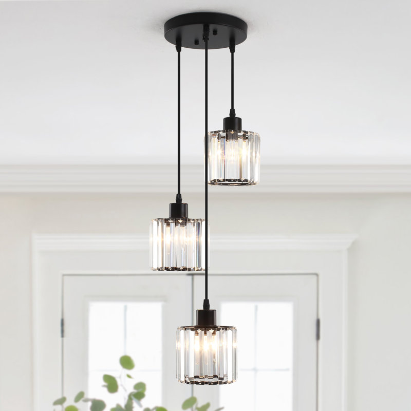 Lustre rond en cristal à 3 lumières avec abat-jour en cristal Stacyann, Noir mat