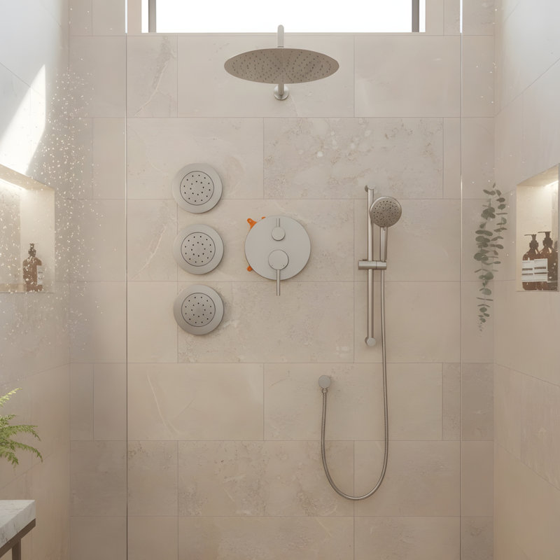 Shower System with Shower Head, Hand Shower, Slide Bar, Bodysprays, Shower Arm, Hose, Valve Trim, and Lever Handles