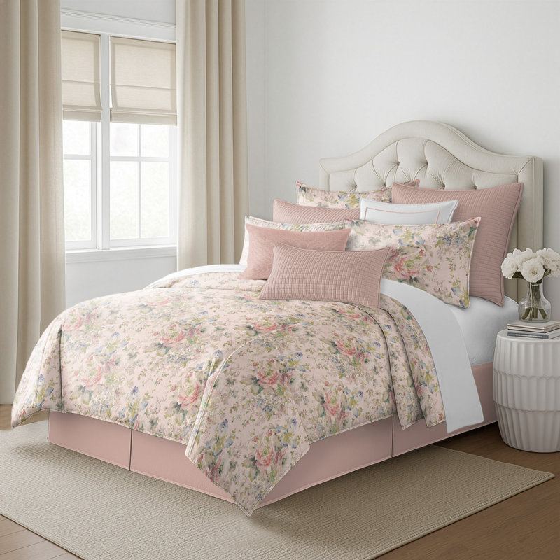 Faye Comforter Set, Queen Comforter + 2 Shams, Charcoal/Pink/Green Floral