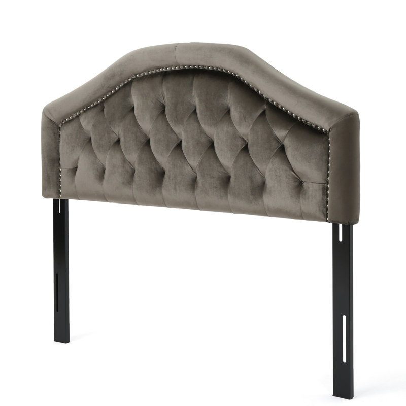 Grey Headboard With Velvet Upholstery And Modern Elegance Upholstered For Beds, Revealing Button Chic Nailhead, Gray, Twin