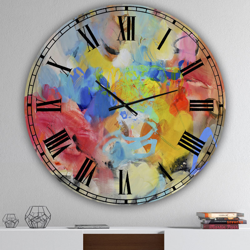 Horloge murale moderne surdimensionnée bleue et jaune Spatters III, Moyen