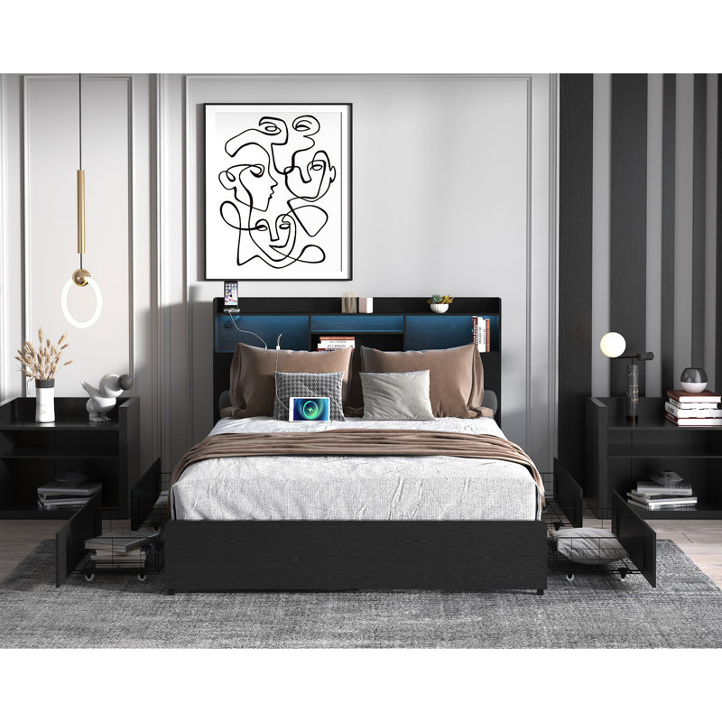 Black Bed With 4 Storage Drawers, Headboard Shelf, Fast Charging, Silent Operation Frame Function, Build