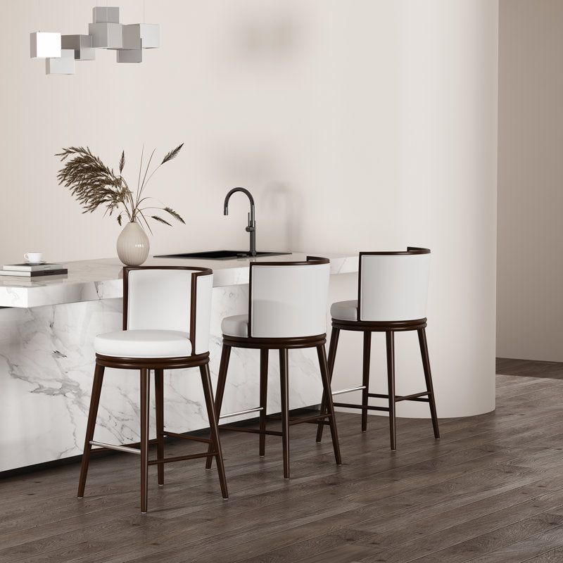 Tabouret de bar en similicuir Evalyn avec pieds en bois de hêtre, Blanc