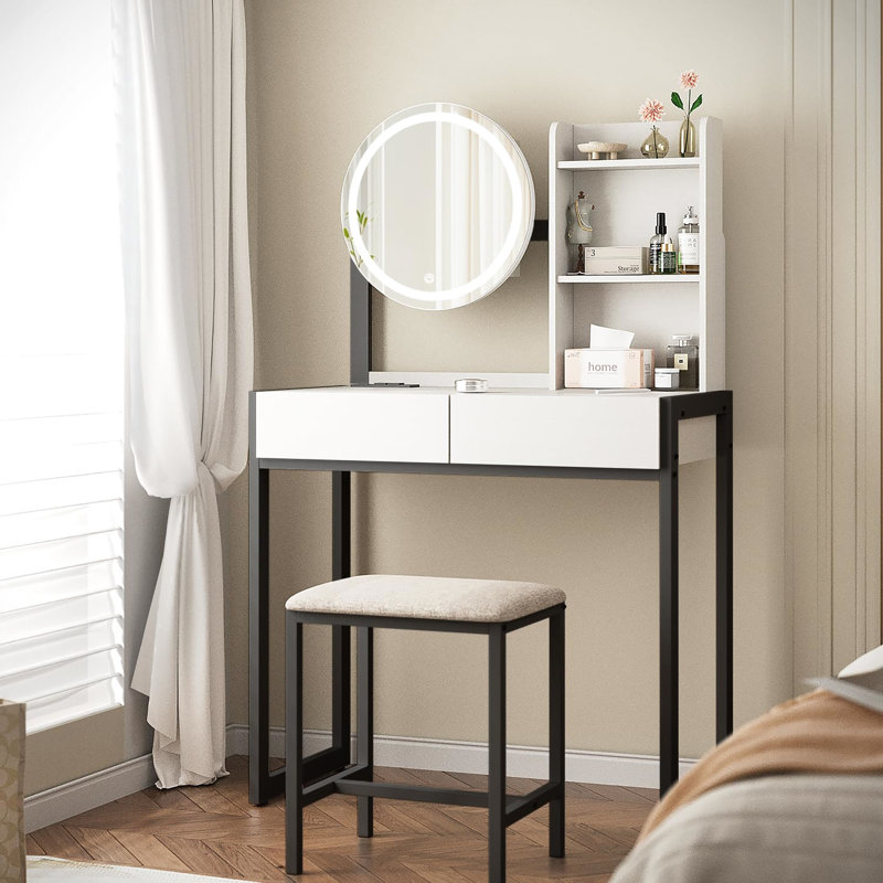 Bedroom Vanity Desk, Smart 3 - Lighting Led Mirror, Power Outlet With , Drawer, Open Shelf, Comfortable Seat Vanity, Outlet,