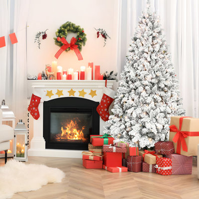 Arbre de Noël enneigé de 8 pi avec 700 lumières ul, 54 pins, neigeux, 1754 pointes, structure à charnières, base en métal robuste pour un décor naturel d'hiver, thème facile à installer