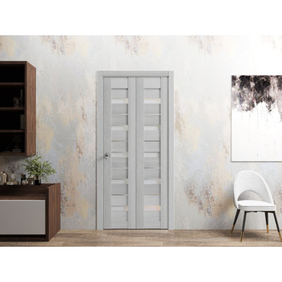 Sliding Closet Bi-fold Doors | Quadro 4445 Light Grey Oak with Frosted Glass | Sturdy Tracks Mouldings Trims Hardware Set | Wood Solid Bedroom Wardrobe Doors
