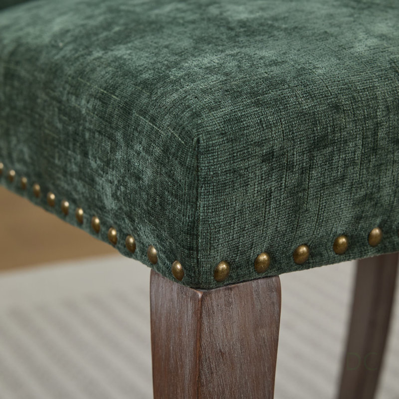 Chaise de salle à manger rembourrée en tissu de chenille, dossier capitonné élégant, pieds incurvés en bois massif, ensemble de 2, vert olive