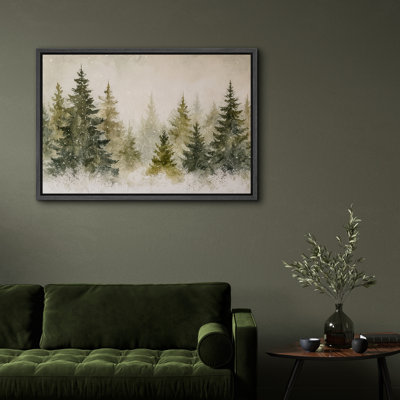 «Snowy Pine Forest Tranquil Winter Landscape Nature Decor», reproduction d'art sur toile encadrée