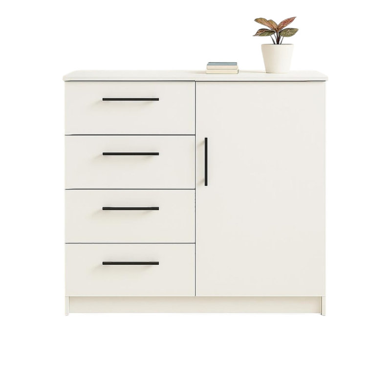 Grande commode Roby, 4 tiroirs avec armoire, 47 po, mélamine, Blanc