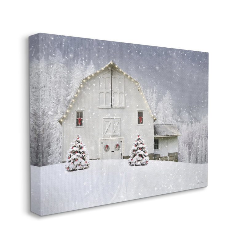 Blanc, hiver, champ de neige, grange, paysage de Noël confortable, estampe numérique encadrée noire, art texturé par Lori Deiter