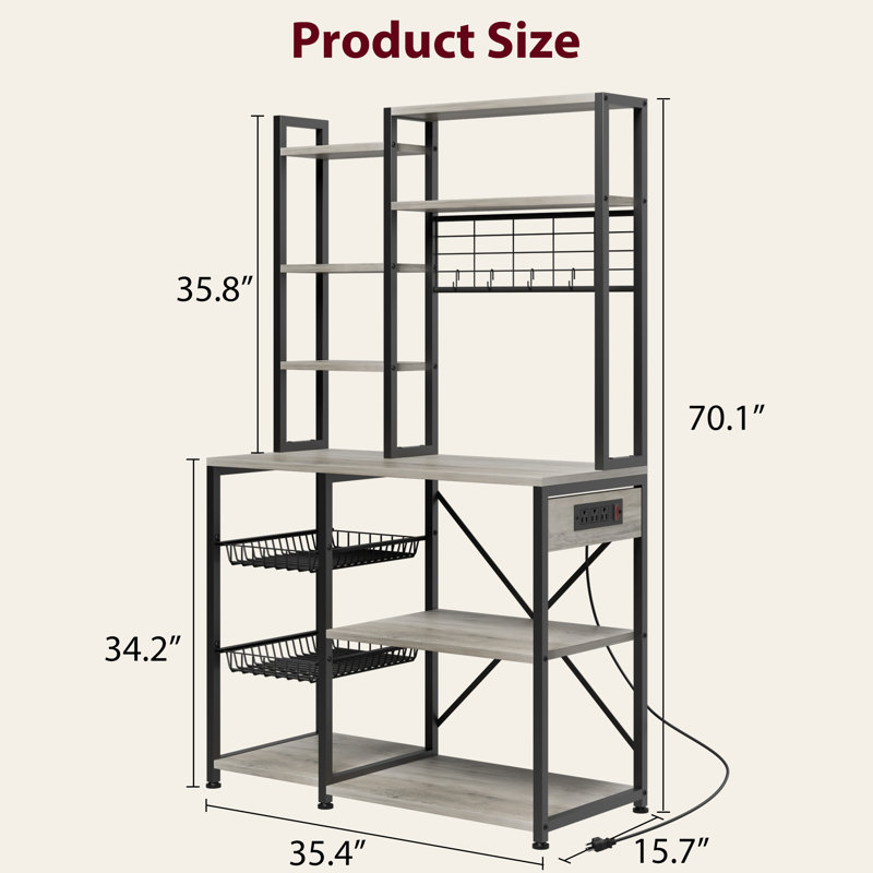 7-Tier Industrial Bakers Rack with Power Outlet with Wire Basket & 4 Hooks, Narrow Microwave Stand Coffee Bar, Open Storage Shelf for Spices/Pots/Appliances (Kitchen/Dining Room/Pantry)