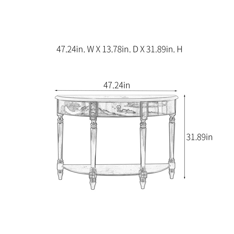 Half Circle Hand Drawn Console Table, 31.89" H x 47.24" W x 13.78" D