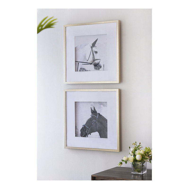 Set of 2 Horse Print Wall Art with Gold and White Accents, Framed Decor Panels