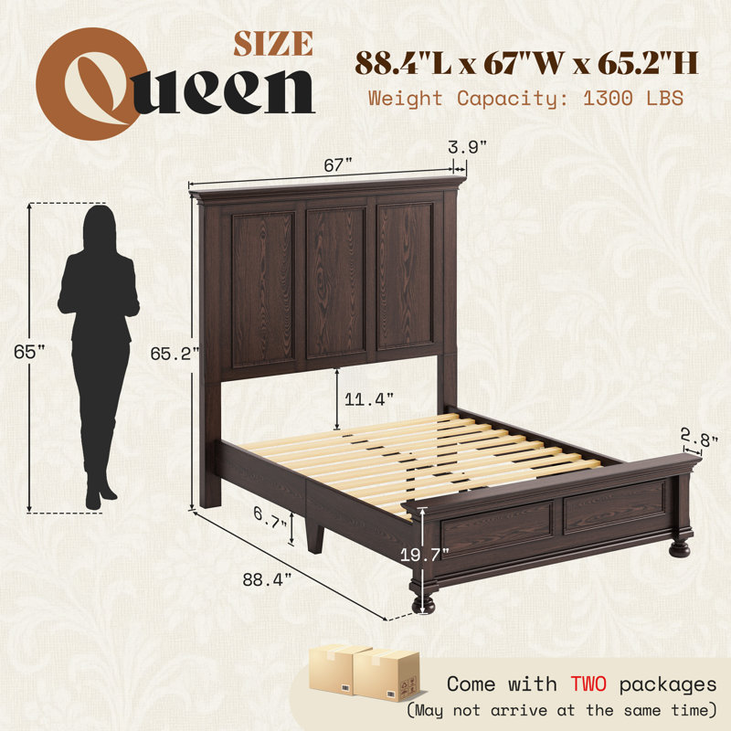 65" H Queen Size Solid Wood Bed With Roman Column Legs, Dark Brown, Dark Brown, Queen
