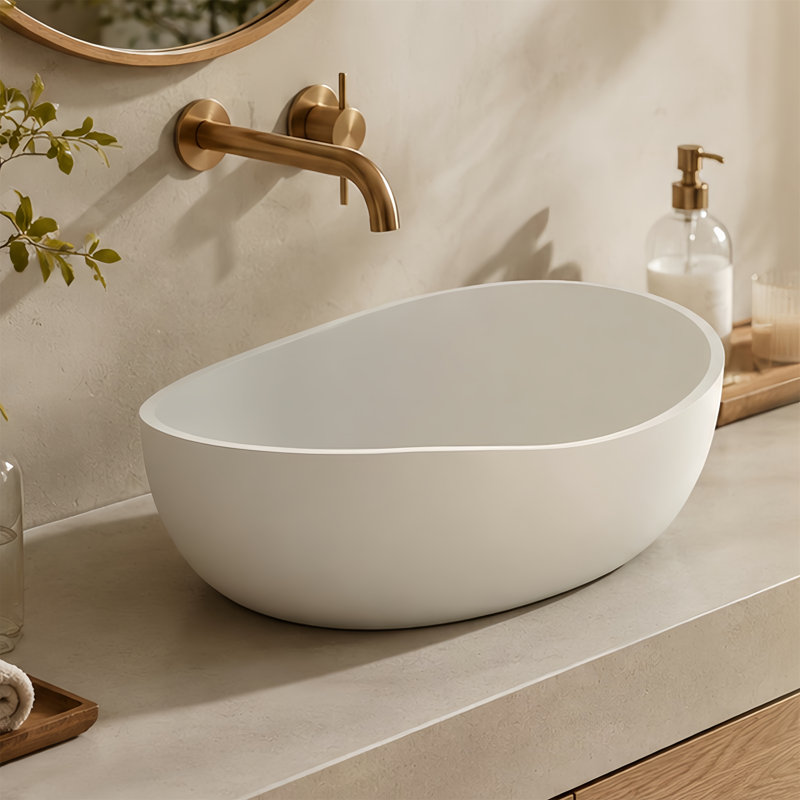 Lavabo de salle de bain en surface solide, lavabo sur pied, forme unique, durable, facile à nettoyer