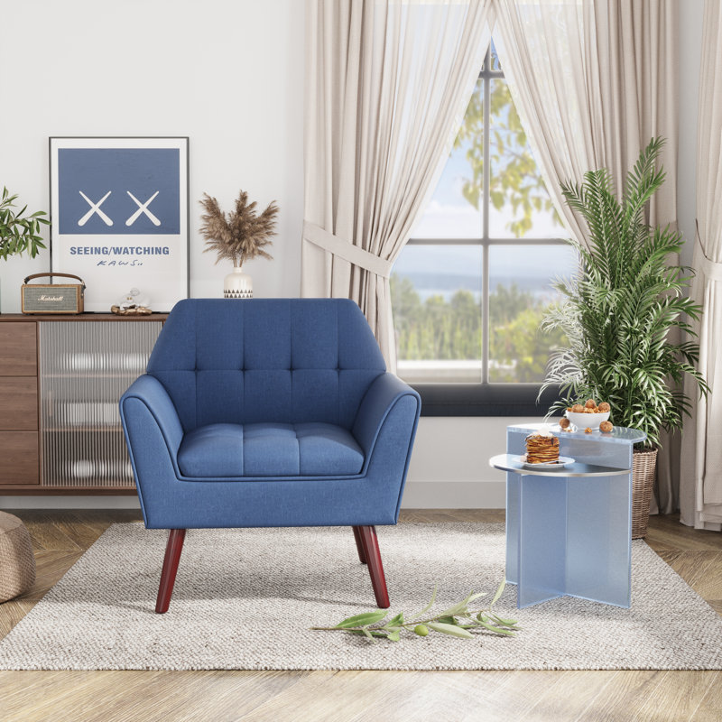 Fauteuil capitonné en lin 30,3 po Janara, Mélange de lin bleu