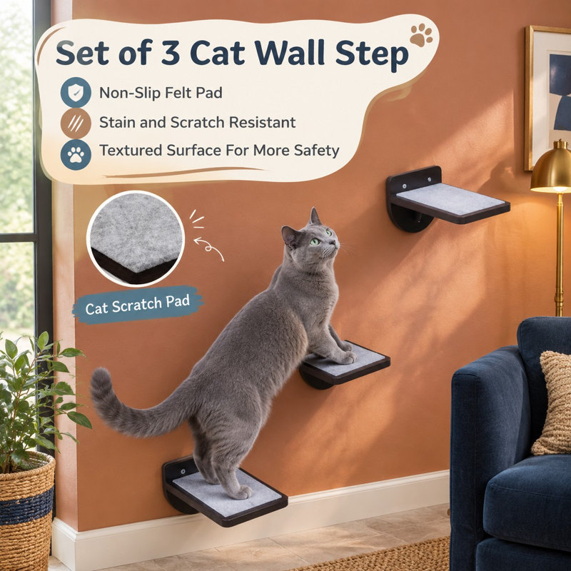 Étagère murale en noyer pour grands chats, 20 kg, avec 3 marches antidérapantes ; meuble mural peu encombrant avec coussin lavable et perchoir d'intérieur durable pour permettre aux gros chats de grimper.