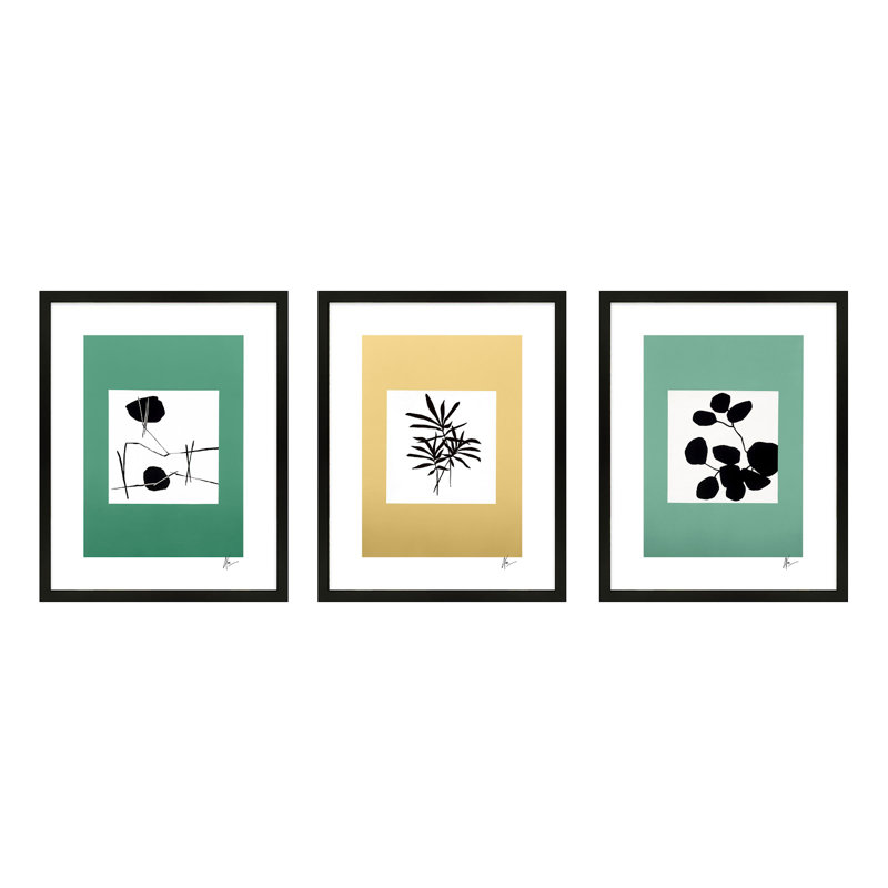 Modern Botanical. Set Of 3 Painting by Lee Lessem, Black Framed, 25" H x 60" W x 1.25" D