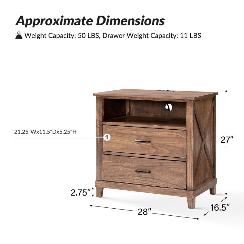 Table de bout moderne à 2 tiroirs en bois massif avec prise électrique Cadena (ensemble de 2)