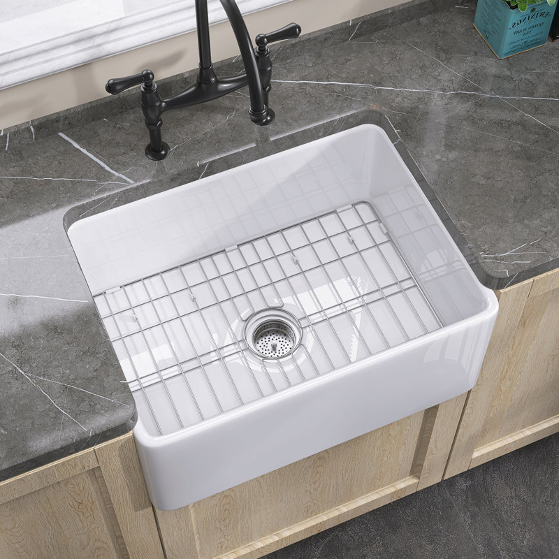 Kitchen Sink 24" L x 18" W Single Bowl Fireclay Kitchen Sink with Sink Grid and Basket Strainer