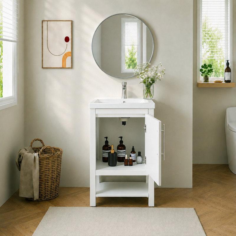 20" Shaker White Mini Freestanding Bathroom Vanity with Integrated Ceramic Sink & Soft‑Close Door