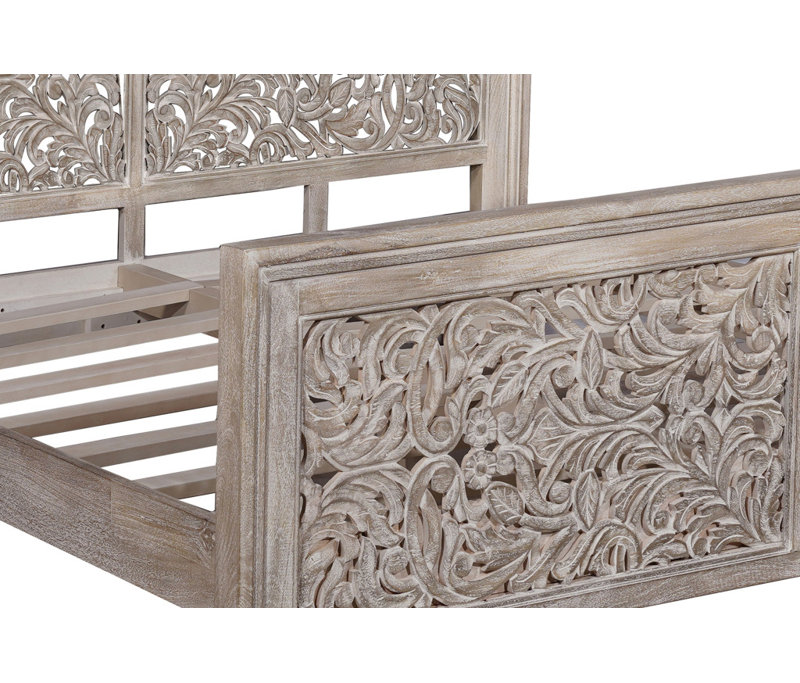 Gray Carved Scrollwork Distressed Solid Wood King Bed Frame