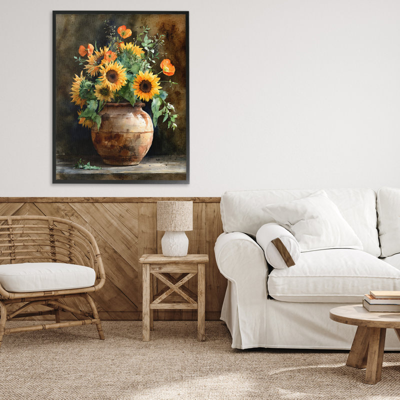 Estampe numérique tournesol rustique, design par Franklyn Gregory, 30 x 24, Midnight Black Giclee Framed