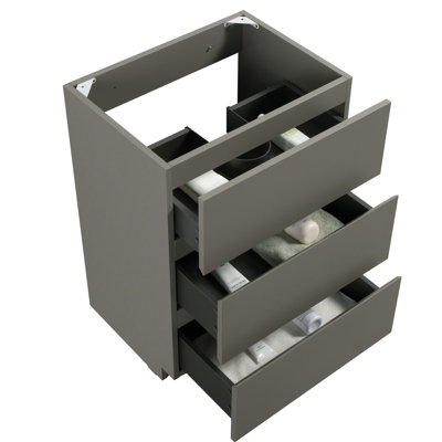 Armoire de salle de bain moderne, gris, 3 tiroirs, lisse silencieuse, pré-assemblée, armoire de rangement gris maximum