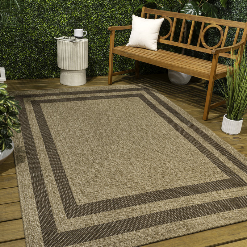 Frenzy Easy Jute Minimalist Boho Inset Border Indoor/Outdoor Rug, Natural/Brown, Rectangle 7'9" x 10'