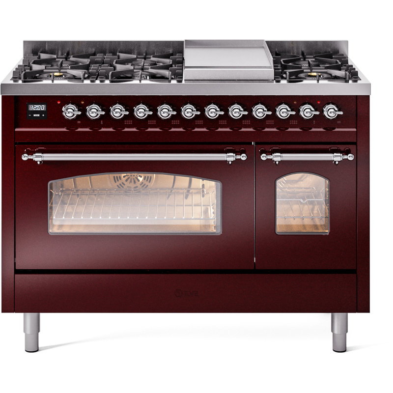 ILVE Nostalgie II 48 Dual Fuel Range , Burgundy/Chrome, Liquid Propane
