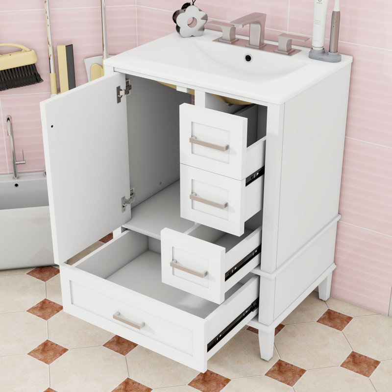 Meuble-lavabo autoportant contemporain avec lavabo en céramique, porte à fermeture en douceur et grand espace de rangement