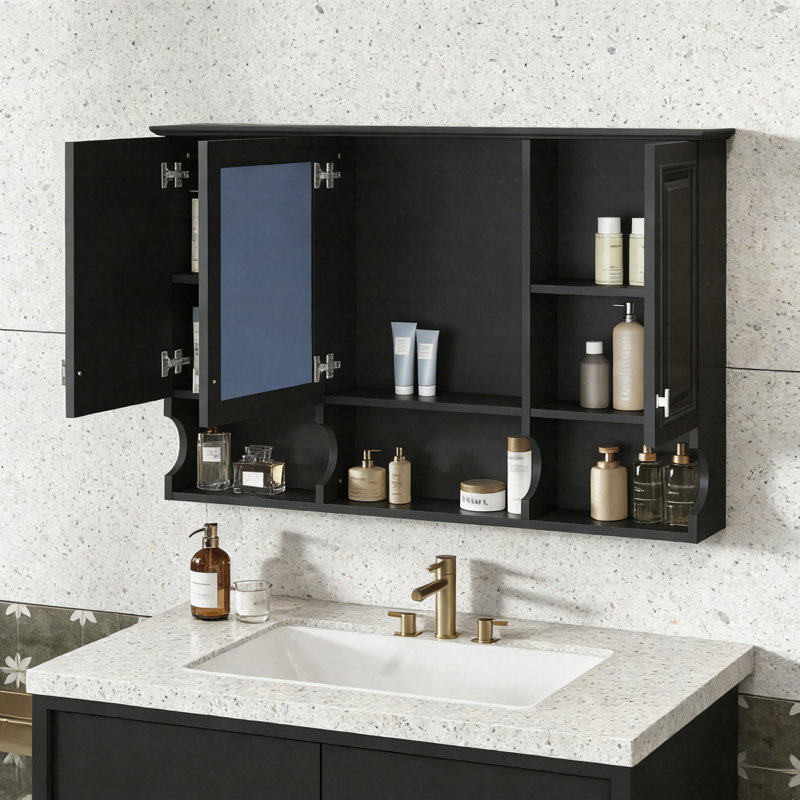 Armoire de toilette murale 41 po avec tablette réglable et tablettes ouvertes, portes à fermeture en douceur, rangement au-dessus de la toilette