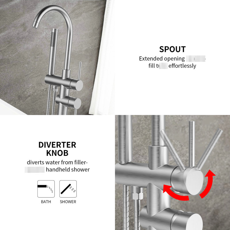 High Flow Floor Mount Bathtub Faucet In Brushed Nickel - Features Handheld Shower And Metal Body For Durability Style With Ceramic Disk Smooth Water Control