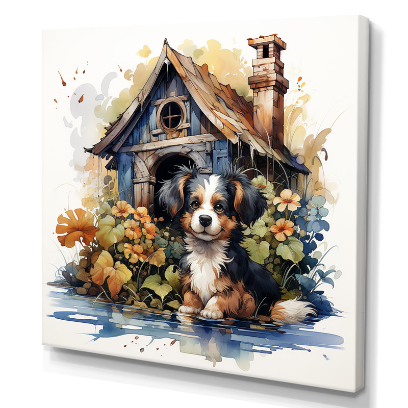 «Puppy Doghouse Blooms II», art mural chien, Toile tendue, H 30 po x l 30 po x P 1,5 po