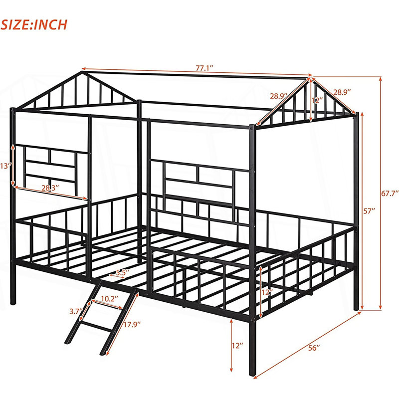 Lit superposé simple de style contemporain avec structure en métal et échelle en angle, Noir