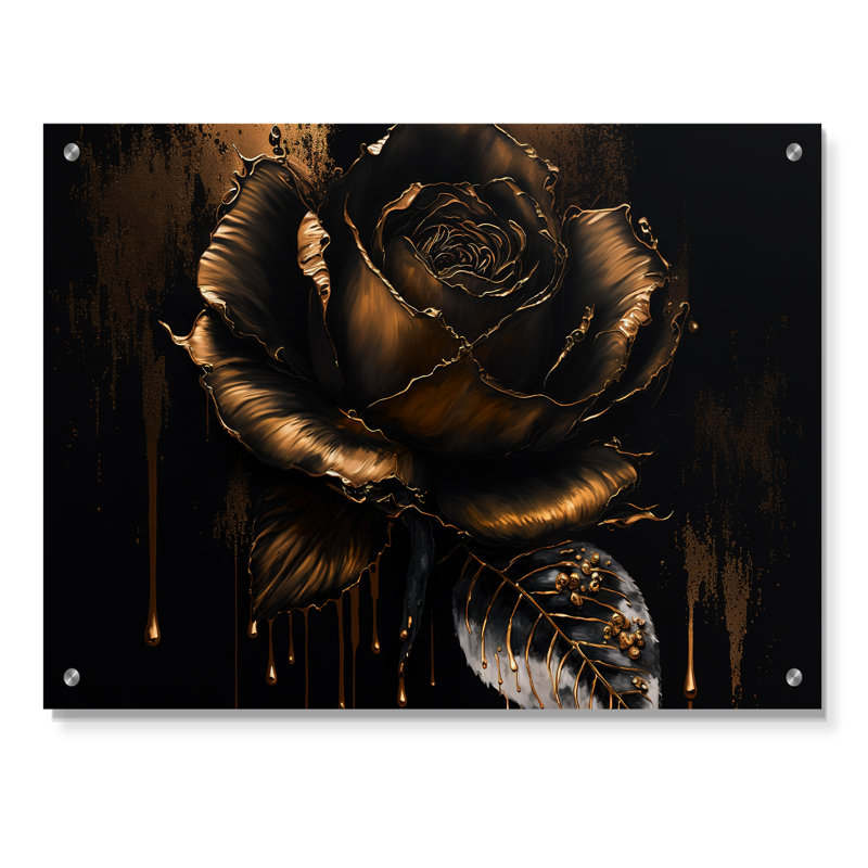 Art mural en acrylique noir et or rose III pour le salon, H 16 po x l 32 po