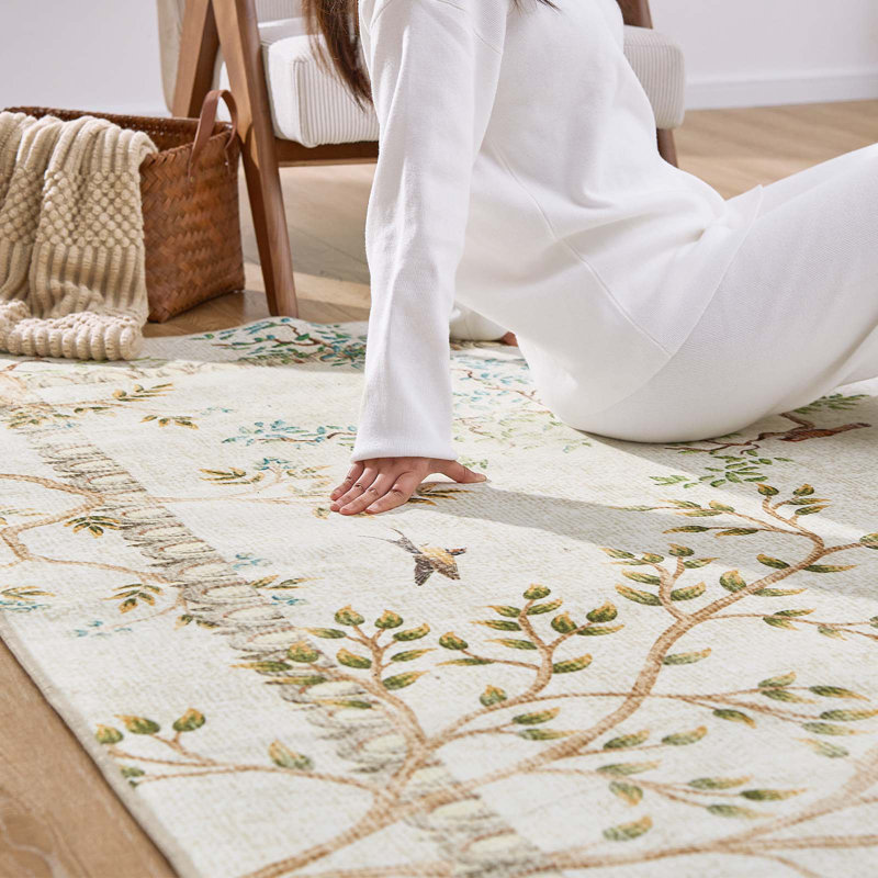 Floral Rug Botanical Birds Print Nature Plants Washable Non-slip, Ivory, Rectangle 5' x 7'