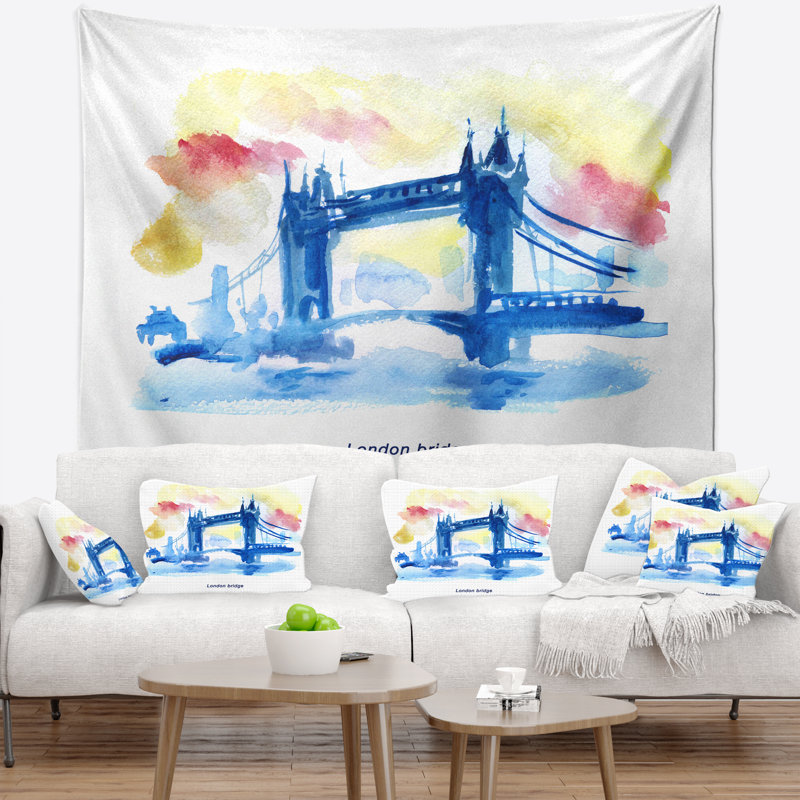 Cityscape painting london illustration dessinée à la main tapisserie, H 50 po x l 60 po