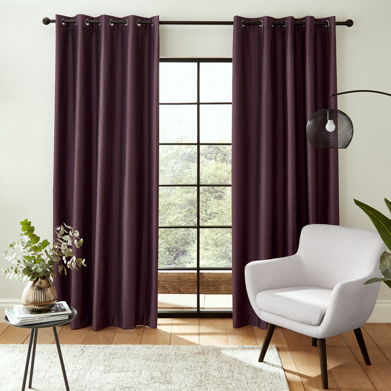 Faux Silk Blackout Thermal Insulating Eyelet Curtains, Aubergine, 229 x 229 cm